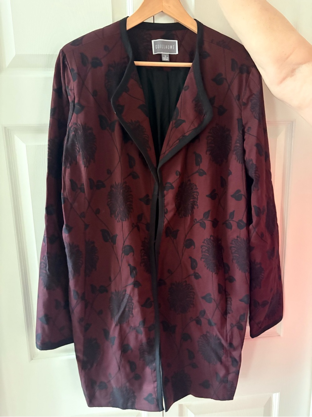 Guillaume Women's Burgundy Floral Jacquard Coat with Black Trim